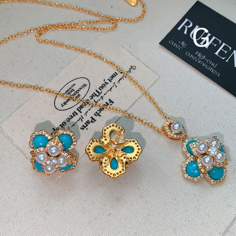 Silver Needle Turquoise Four-Leaf Flower Pearl Vintage Earrings And Necklace Secondary image