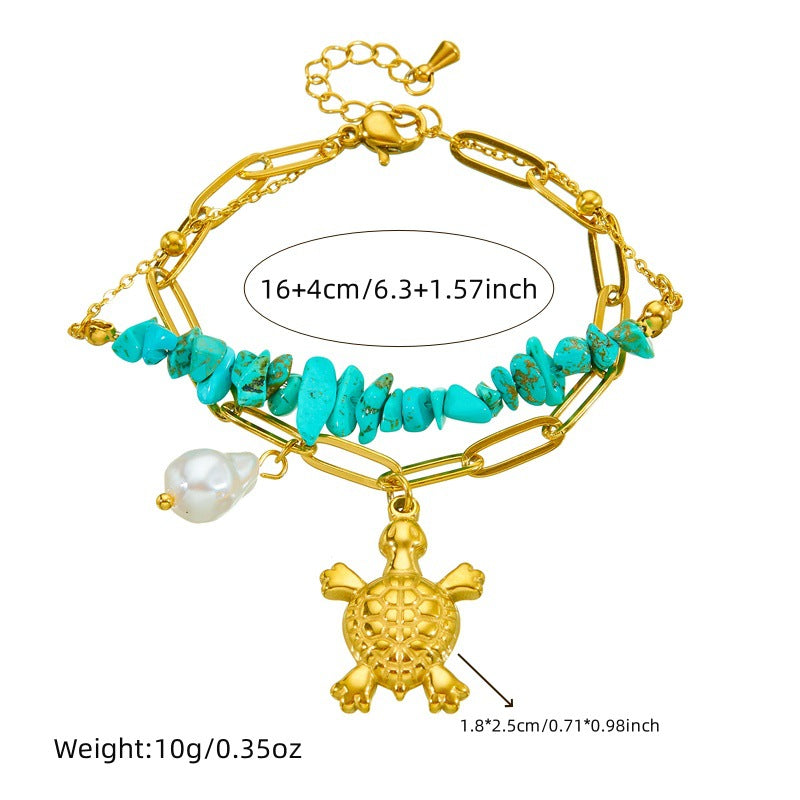 Three-dimensional Turtle Pearl Irregular Turquoise Double-layer Stacked Chain Bracelet