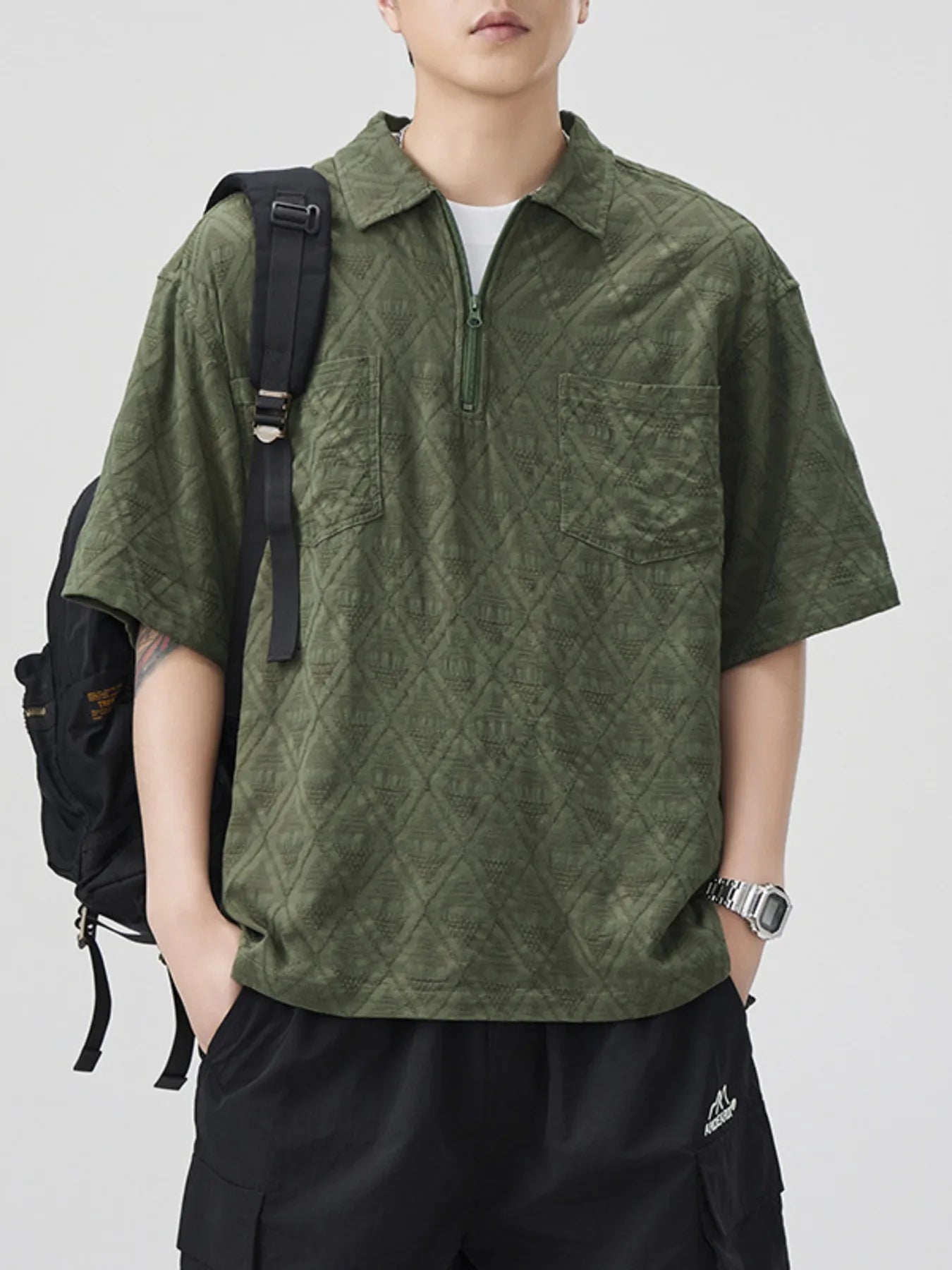 Men's Plus Size Geometric Pattern Half-Zip Top with Chest Pockets Secondary image