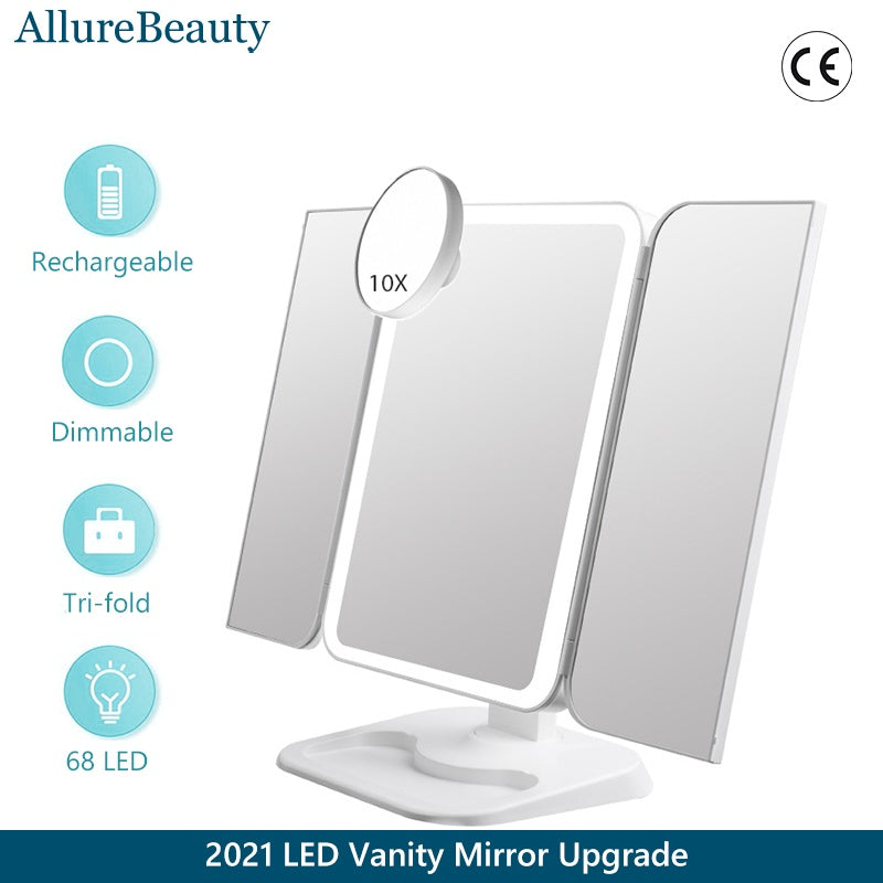 Trifold Makeup Mirror With Light 68 LED Vanity Mirrors 10X Magnifying 180Rotation Secondary image
