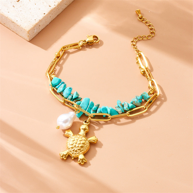 Three-dimensional Turtle Pearl Irregular Turquoise Double-layer Stacked Chain Bracelet Secondary image