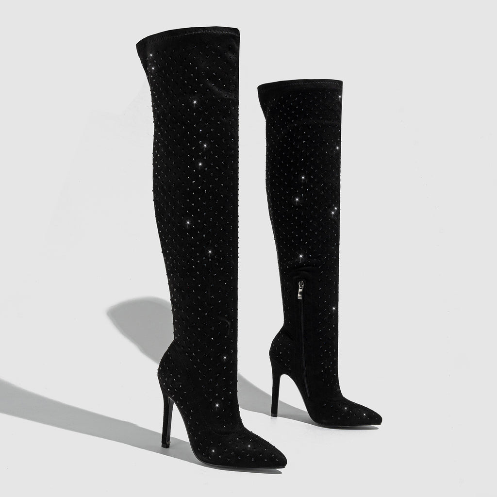 Pointed Toe Diamond Stiletto Heel Side Zipper Over-the-knee High Boots