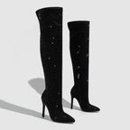 Pointed Toe Diamond Stiletto Heel Side Zipper Over-the-knee High Boots