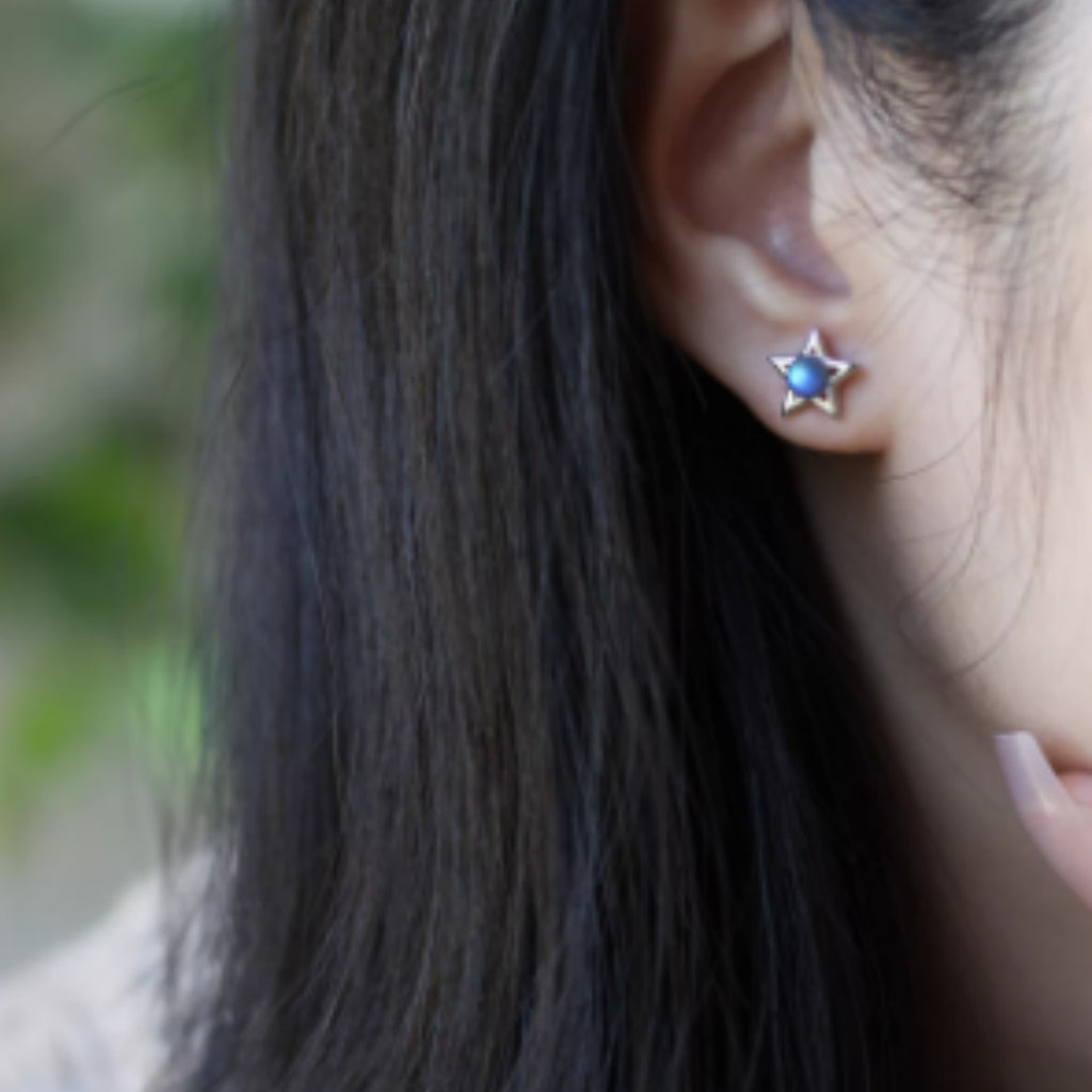 Natural Grey Moonstone Star Earrings, S925 Pure