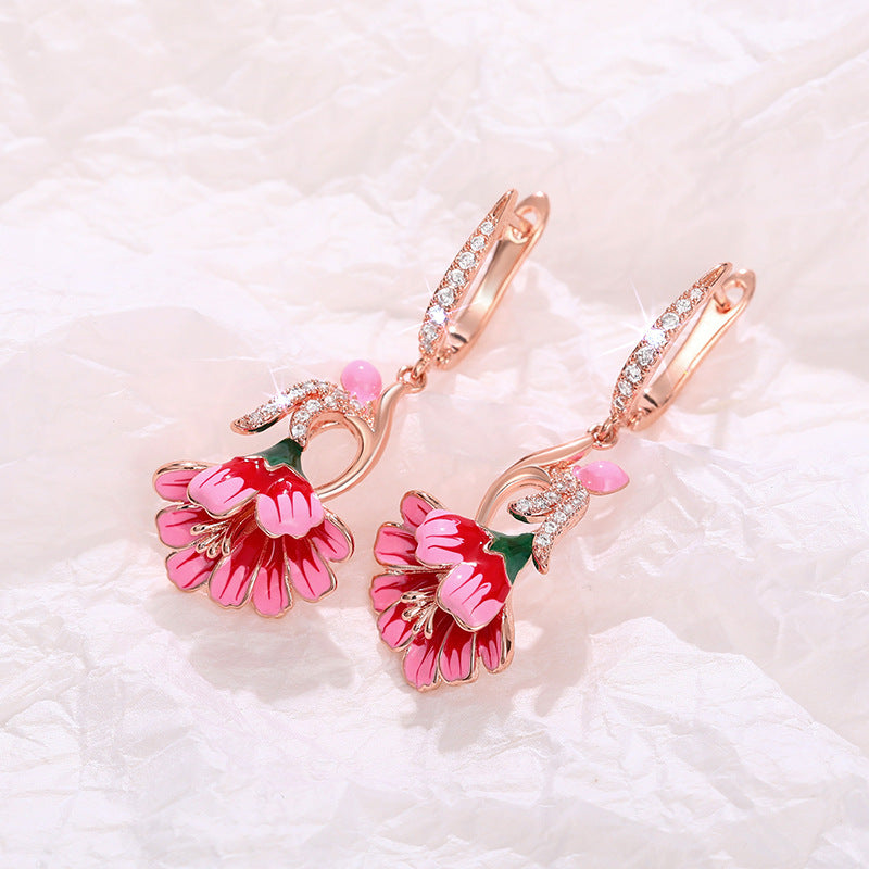 Dainty Flower Earrings Oil-Drip Floral Design With Zircon Inlays Secondary image