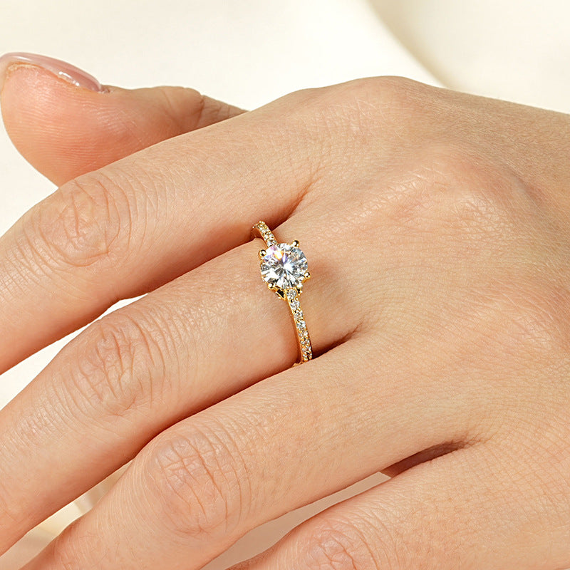 Fashionable, Light-luxury, Versatile, Niche Ring Featuring Faux Moissanite With A Four-prong Zircon Setting And Electroplated Finish Main image