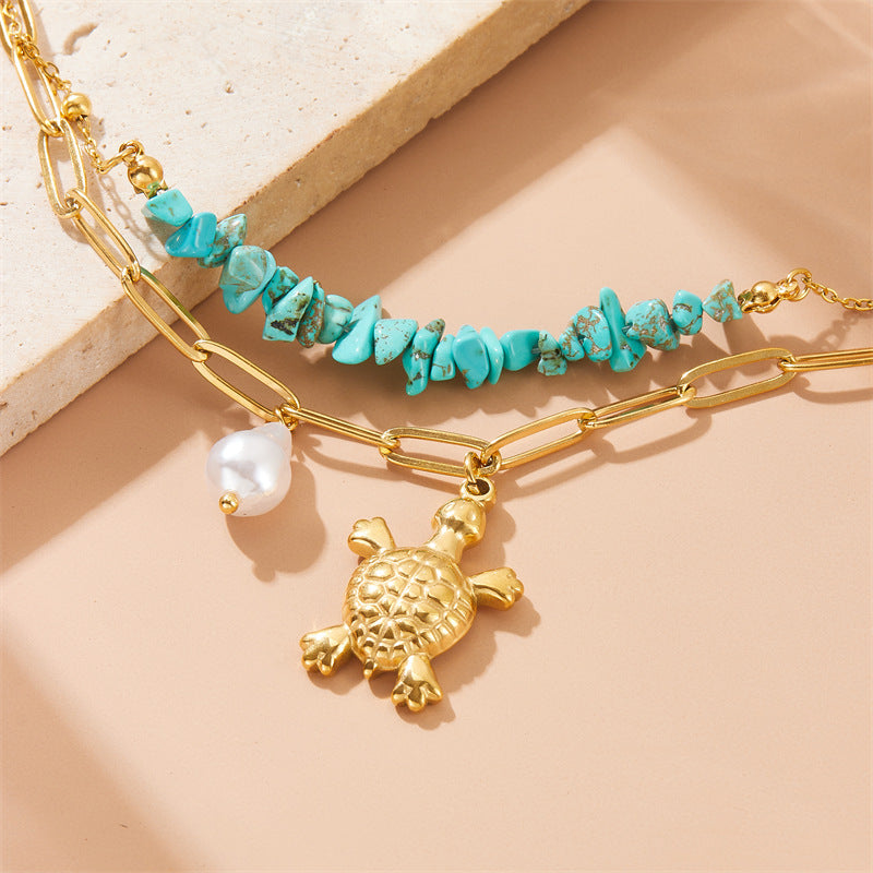 Three-dimensional Turtle Pearl Irregular Turquoise Double-layer Stacked Chain Bracelet