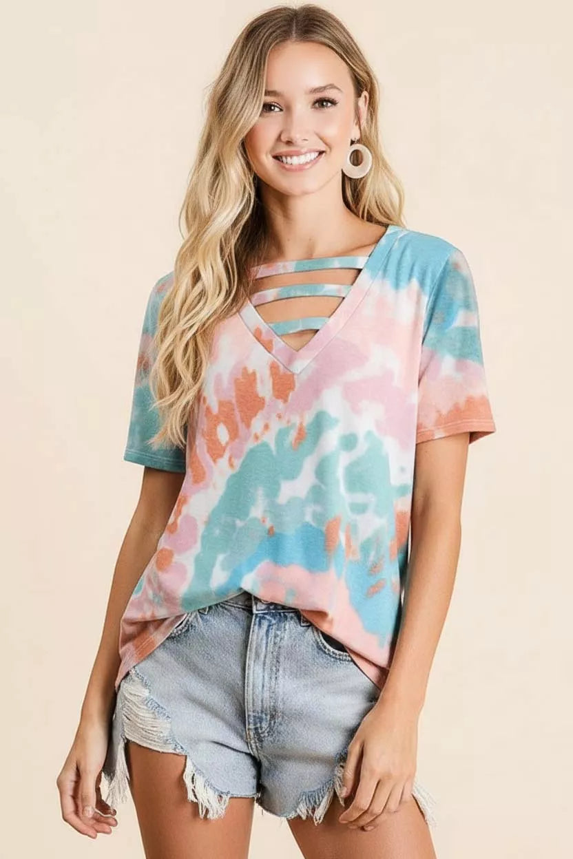 BiBi Tie-Dye V-Neck Cutout Short Sleeve T-Shirt Secondary image
