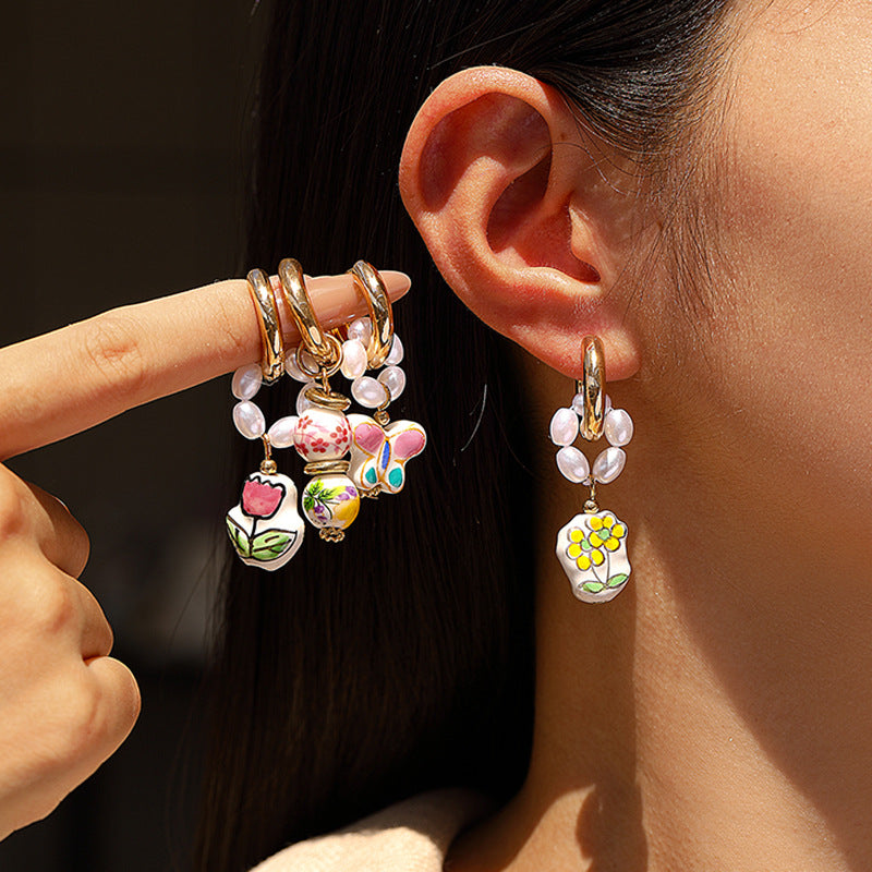 European And American Blue-and-White Porcelain Floral Pearl Earrings Sweet Womens Copper Ear Clips Main image