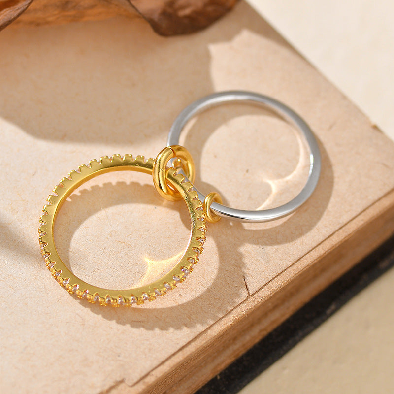 S925 Sterling Silver Double-layer Color-block Ring With Round-cut Diamonds Secondary image