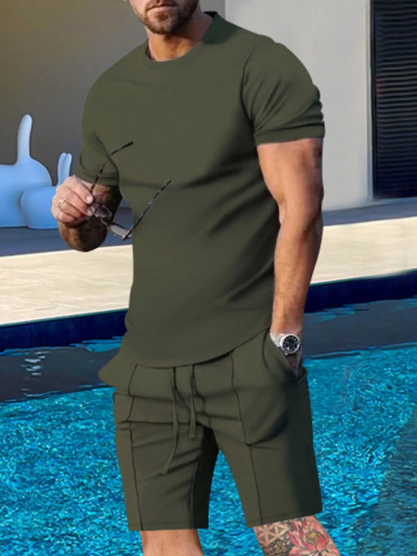 Men's Plus Size Round Neck Short Sleeve Top and Shorts Set Secondary image