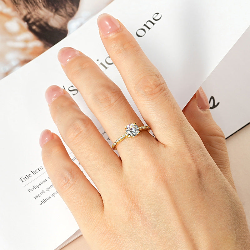 Fashionable, Light-luxury, Versatile, Niche Ring Featuring Faux Moissanite With A Four-prong Zircon Setting And Electroplated Finish Secondary image