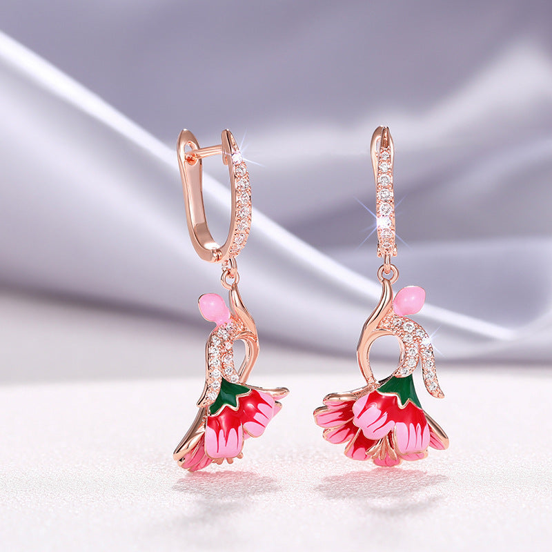 Dainty Flower Earrings Oil-Drip Floral Design With Zircon Inlays Main image