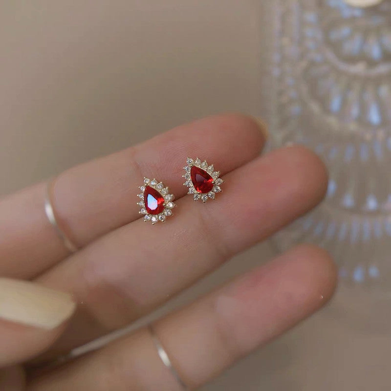 Womens French-style Pigeon-blood Red, Teardrop-shaped Full-diamond Stud Earrings Main image