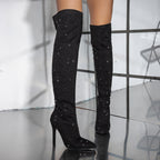Pointed Toe Diamond Stiletto Heel Side Zipper Over-the-knee High Boots