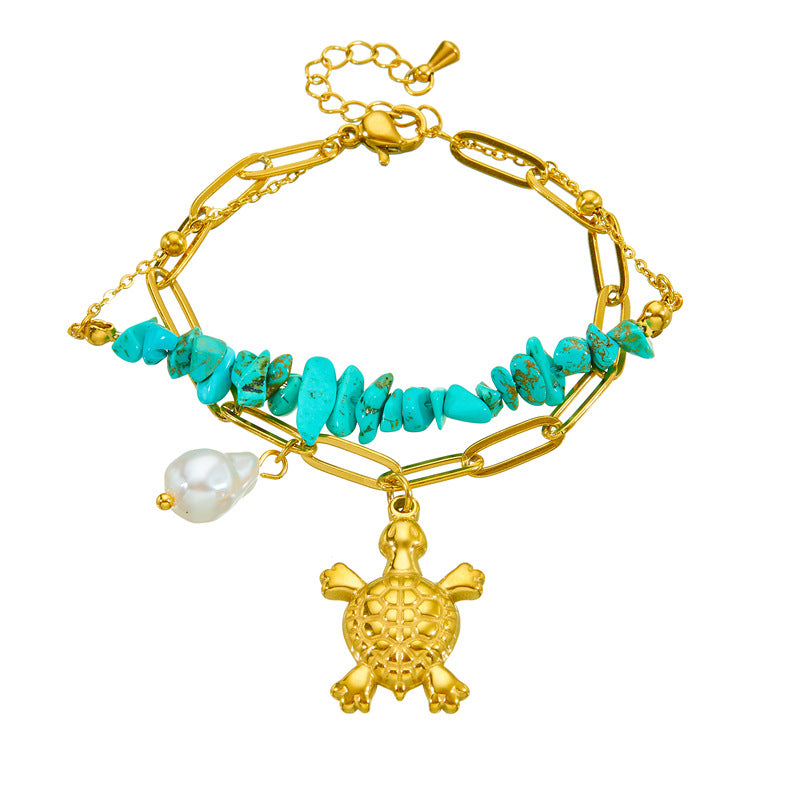 Three-dimensional Turtle Pearl Irregular Turquoise Double-layer Stacked Chain Bracelet