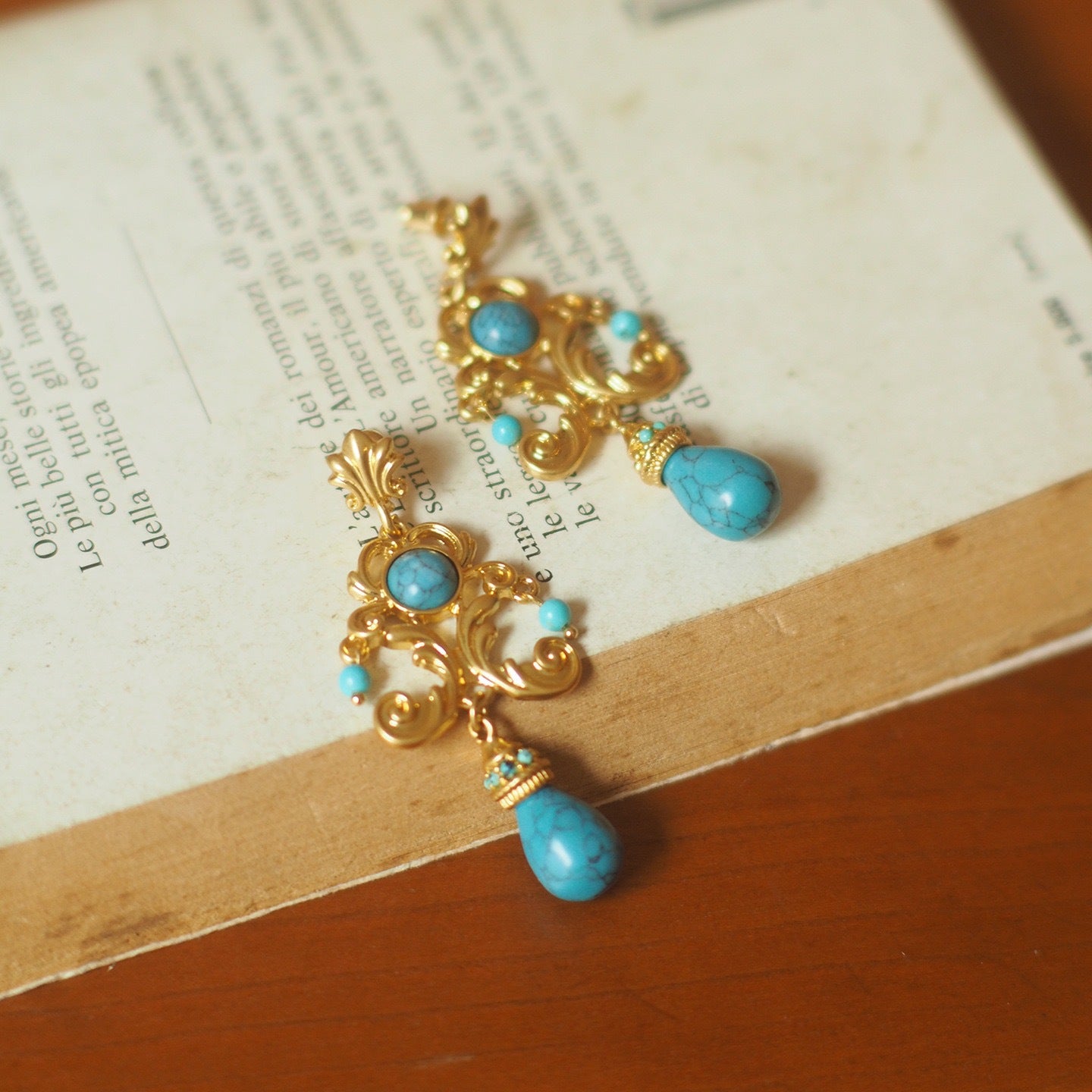 Vintage Palace Style Turquoise Earrings - Handcrafted Floral Carved Drop Earrings Secondary image