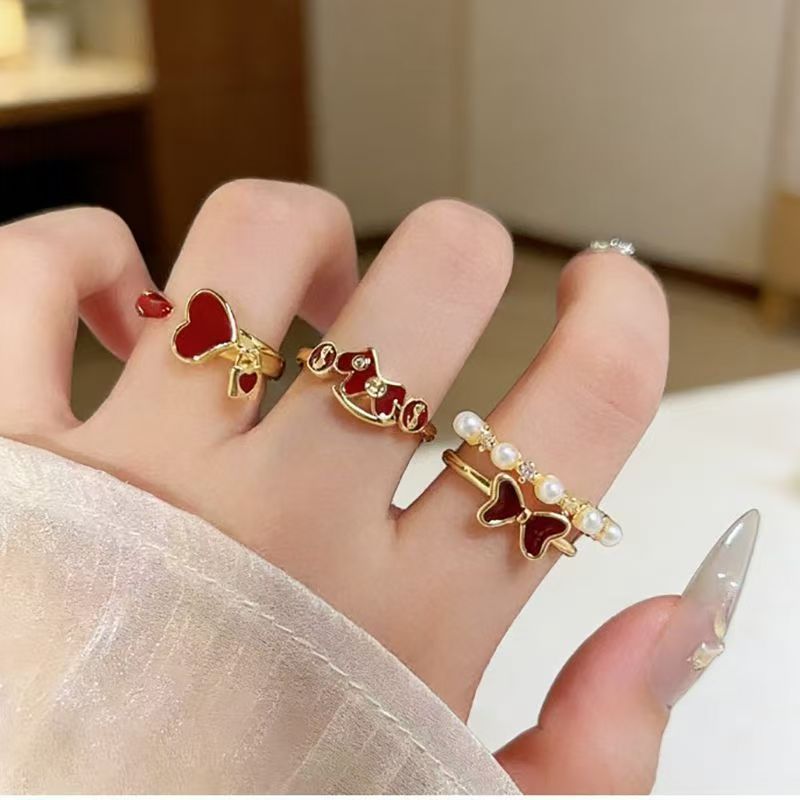 2026 Horse Year Fortune Ring For Women, Light Luxury Vintage Bow Open Ring, Birth Year Red Limited Edition Index Finger Ring, Single Piece  3-Piece Set Main image