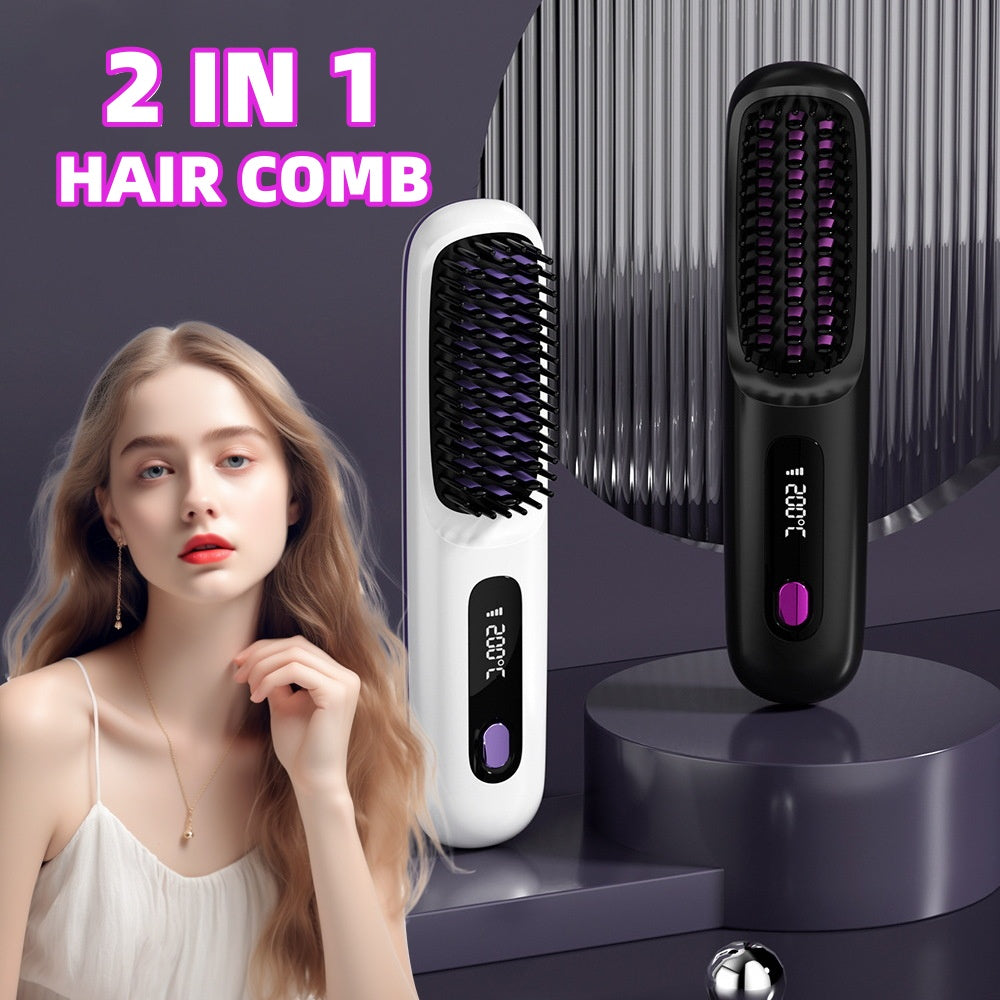 2 In 1 Straight Hair Comb Wireless Hair Straightener Brush Hair Fast Heating Portable Hot Curler USB Charging Main image