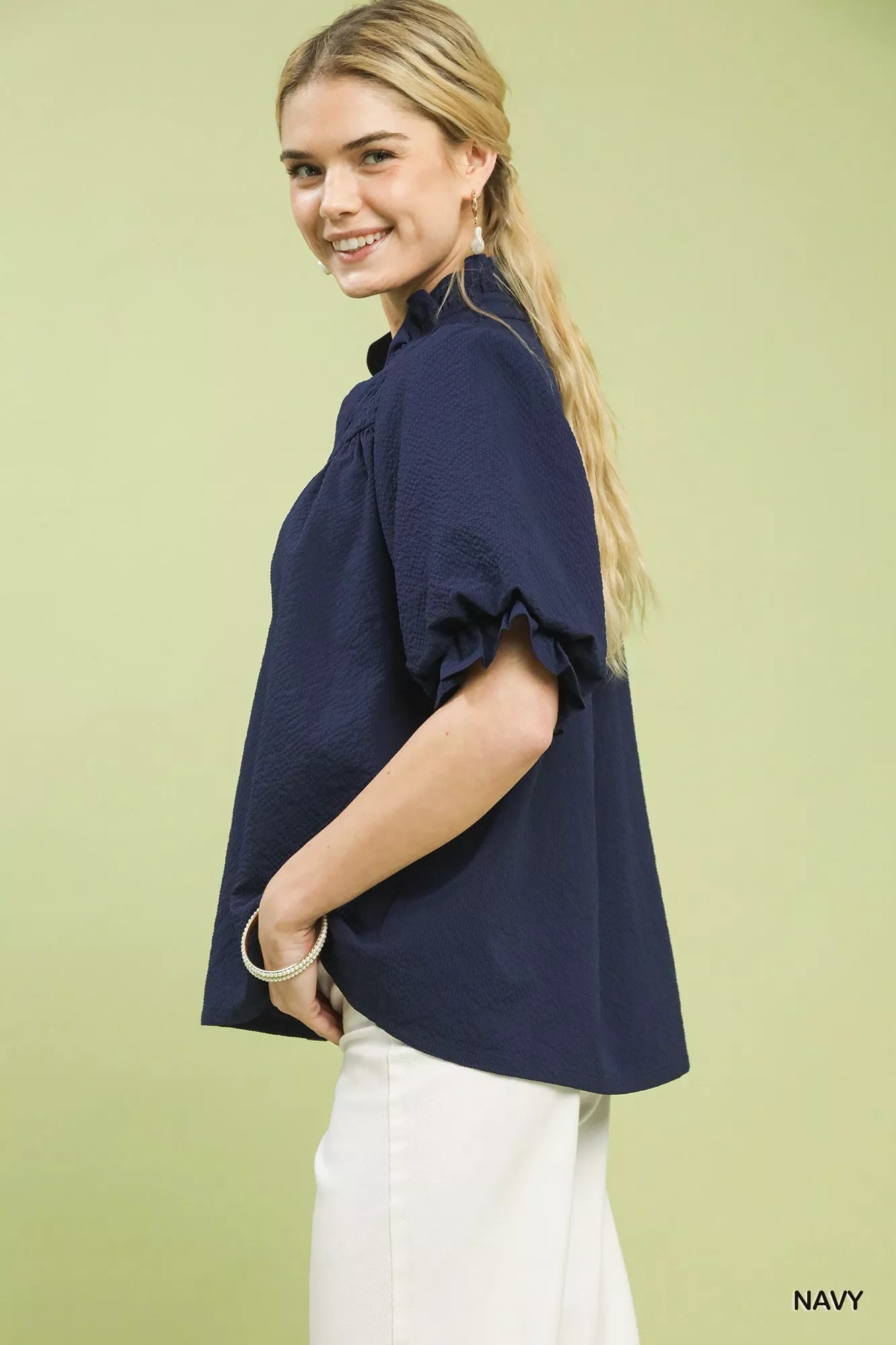 Umgee Textured Smocked Yoke Split-Neck Top Secondary image