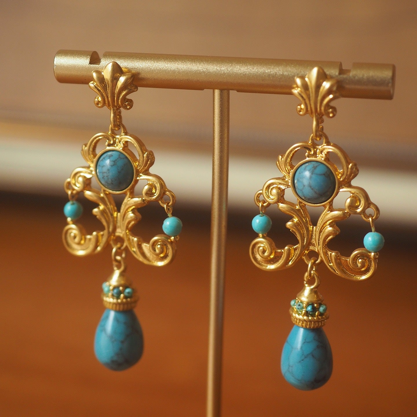 Vintage Palace Style Turquoise Earrings - Handcrafted Floral Carved Drop Earrings Main image