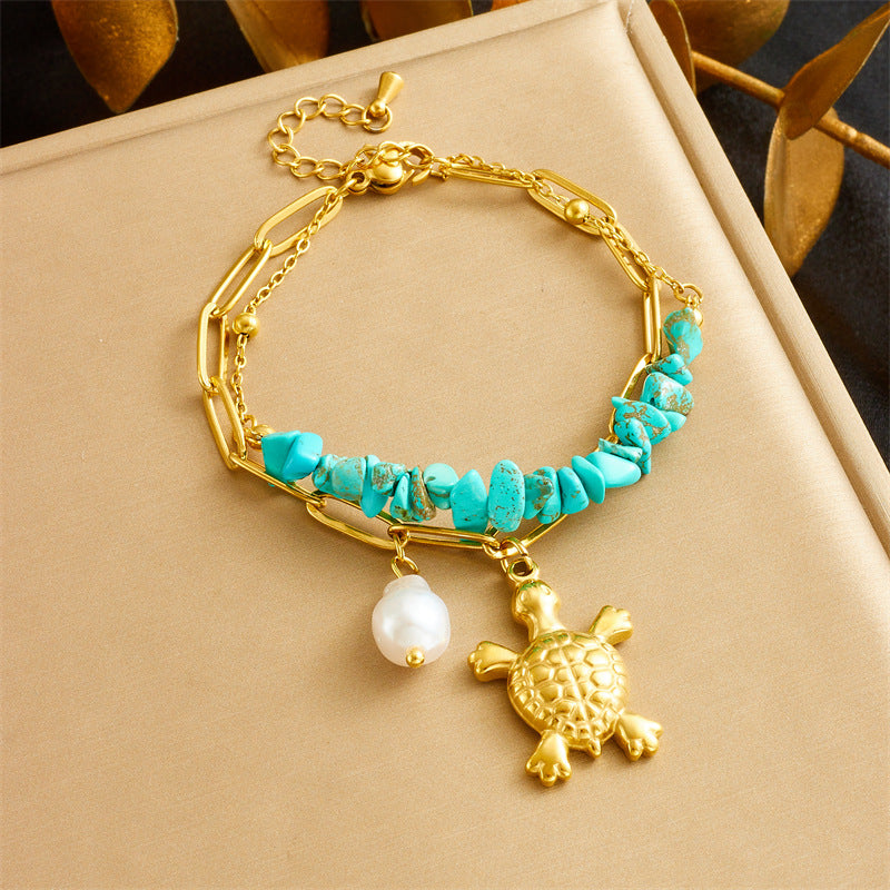 Three-dimensional Turtle Pearl Irregular Turquoise Double-layer Stacked Chain Bracelet Main image