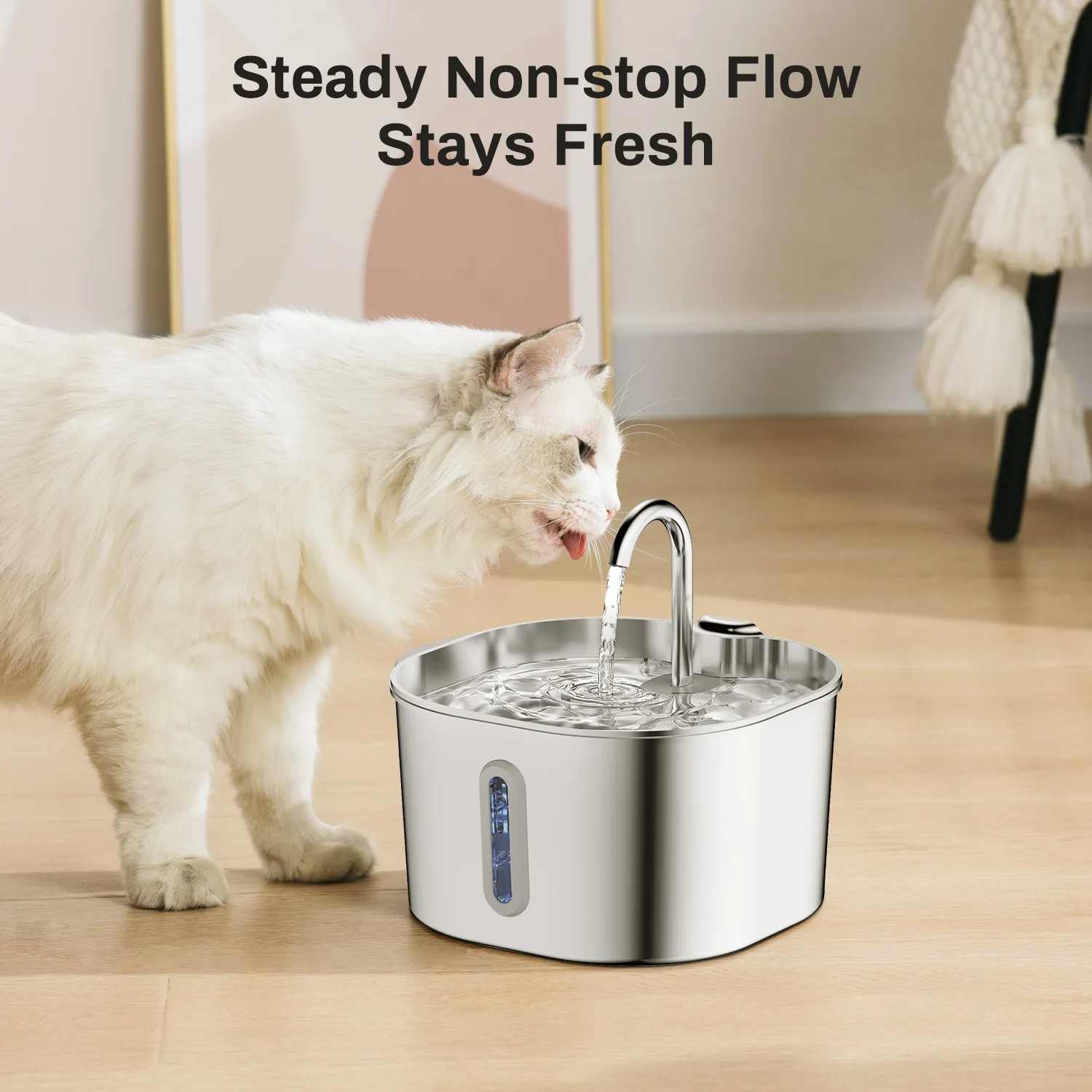 ZYFeeder 2.2L Automatic Cat Water Fountain Square Stainless Steel Pet Water Feeder Dog Water Fountain with window（No 5V 1A Plug）