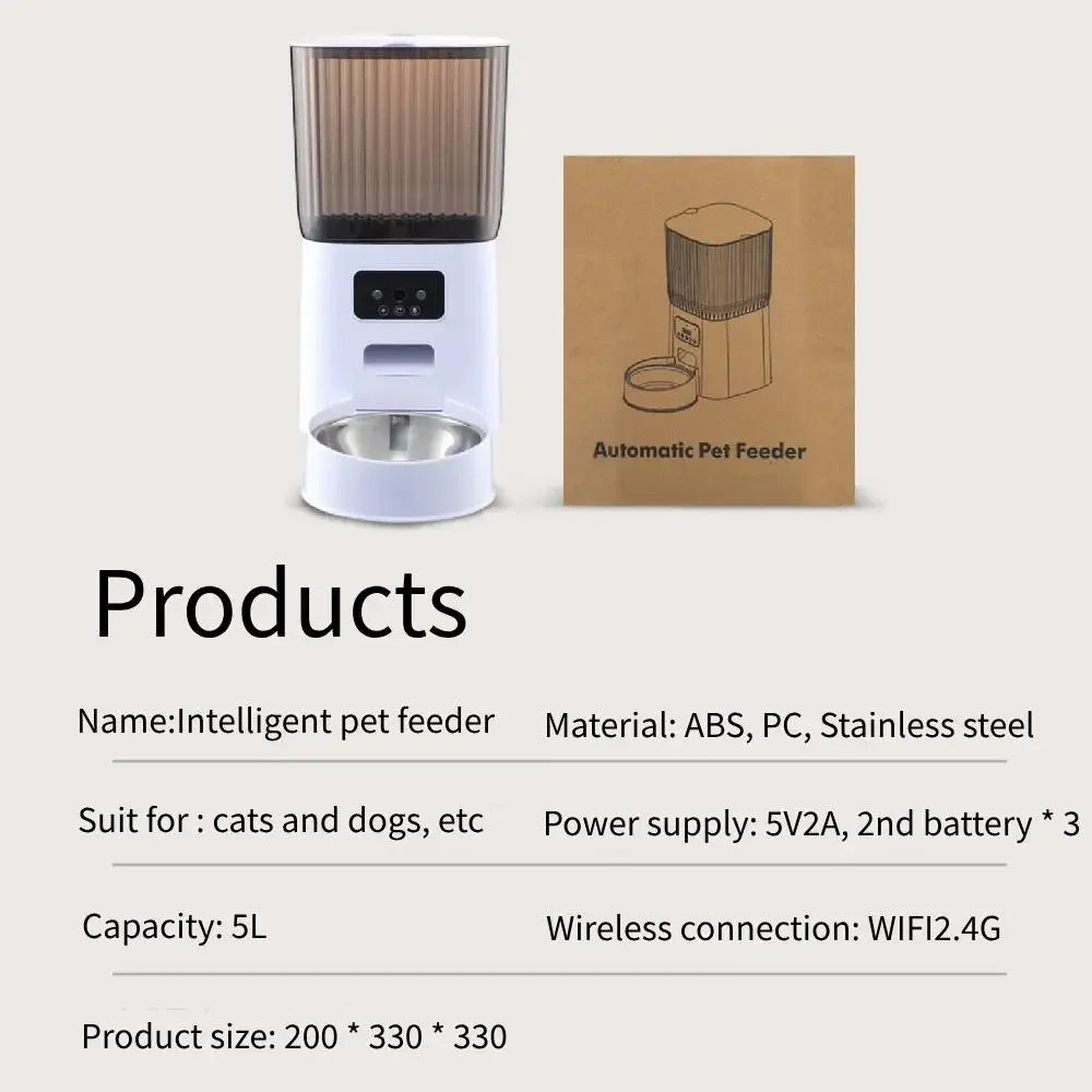 5L Automatic Feeder Cats WiFi with Camera HD Smart Interactive Pet Food Dispenser Timer Stainless Steel Bowl Auto Dog Feeder