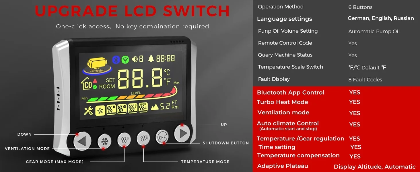 TB10 8KW 12V/24V/230V Diesel Air Heater LCD & Bluetooth APP w/ Auto Start-Stop Adaptive Plateau Parking Heater For Car RV Camper