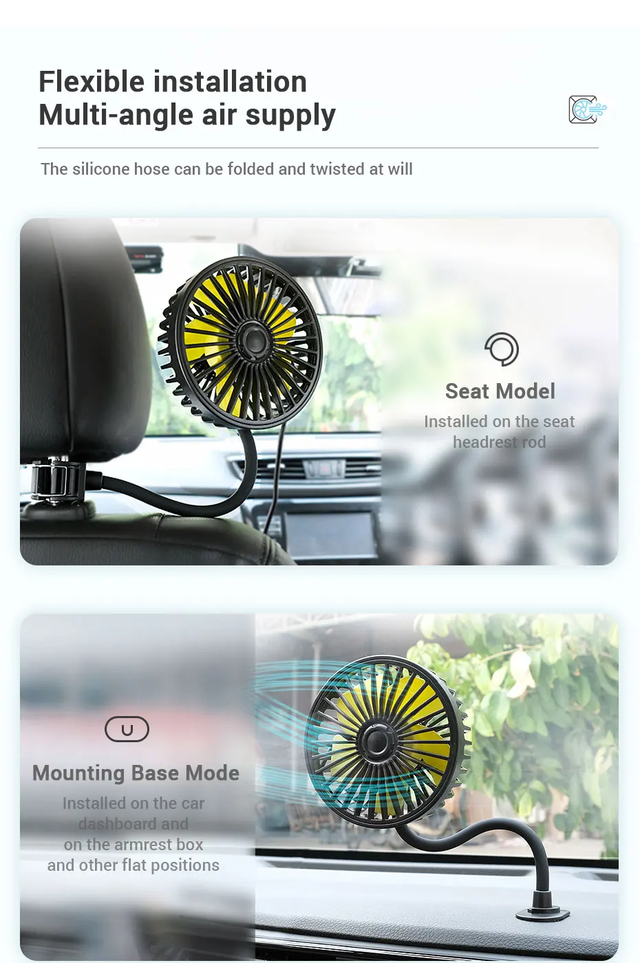 SEAMETAL Car Electric Fan Strong Wind 3-Speed Cooling Fan for Rear Seat Passenger Portable 360 Degree Rotatable Car Air Fan SEAMETAL Car Electric Fan Strong Wind 3-Speed Cooling Fan for Rear Seat Passenger Portable 360 Degree Rotatable Car Air Fan