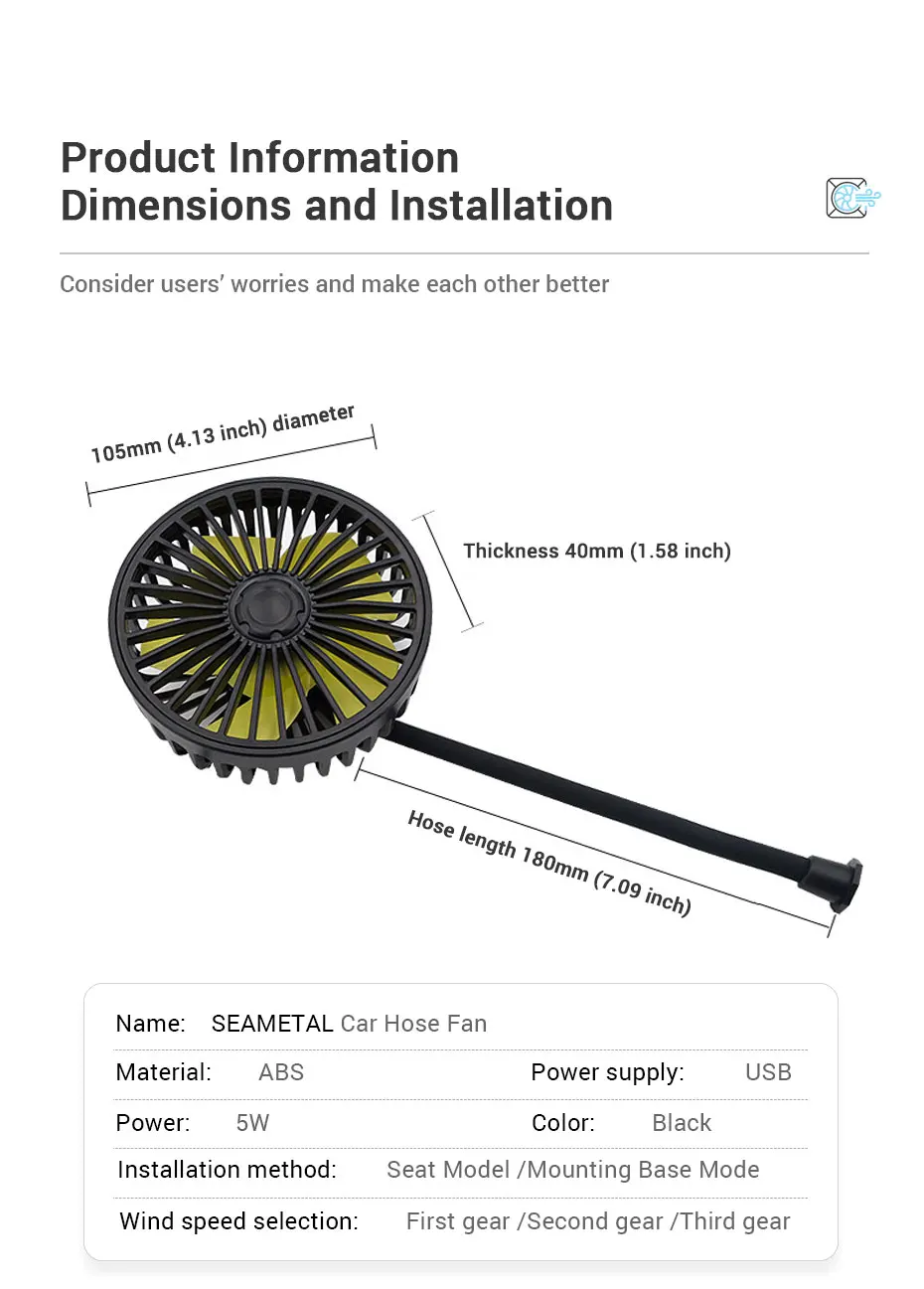 SEAMETAL Car Electric Fan Strong Wind 3-Speed Cooling Fan for Rear Seat Passenger Portable 360 Degree Rotatable Car Air Fan SEAMETAL Car Electric Fan Strong Wind 3-Speed Cooling Fan for Rear Seat Passenger Portable 360 Degree Rotatable Car Air Fan