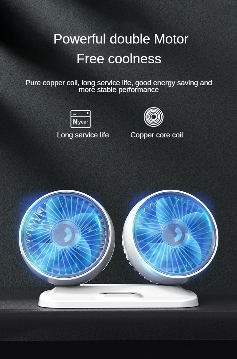 LEIBOO Car USB Fan Dual Head Cooling Air Fan Independent Switch 3-Speed 360 Degree Adjustable Auto Fan Car Electrical Appliances