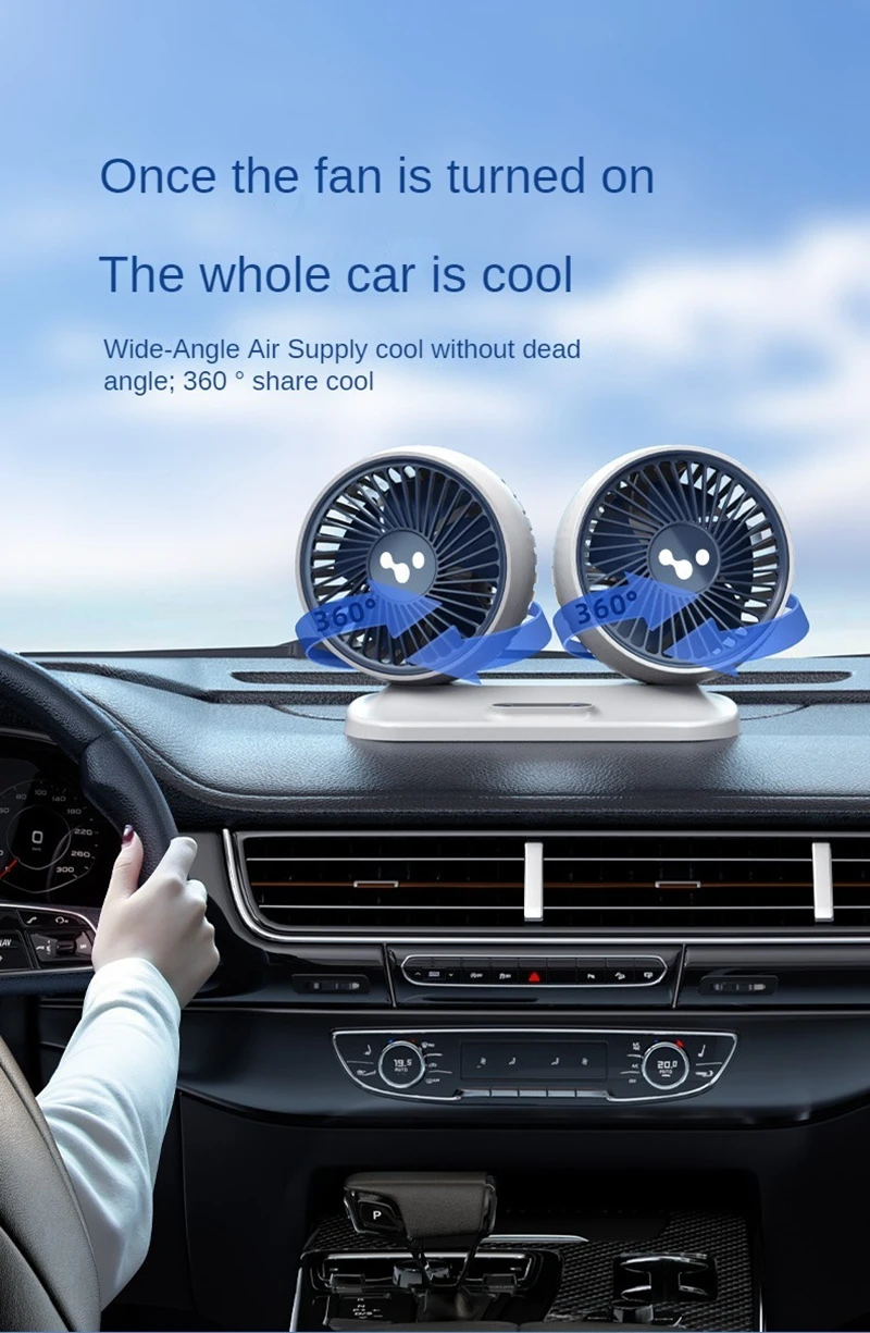LEIBOO Car USB Fan Dual Head Cooling Air Fan Independent Switch 3-Speed 360 Degree Adjustable Auto Fan Car Electrical Appliances