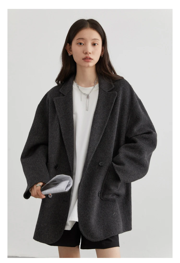 CHIC VEN Women's Woolen Coats Loose Casual Double Breasted Retro Double-sided Jacket Office Lady Outerwear Autumn Winter 2023 CHIC VEN Women's Woolen Coats Loose Casual Double Breasted Retro Double-sided Jacket Office Lady Outerwear Autumn Winter 2023