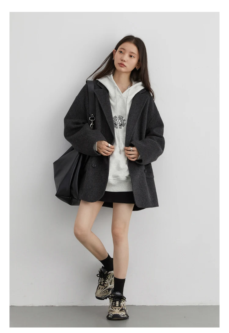 CHIC VEN Women's Woolen Coats Loose Casual Double Breasted Retro Double-sided Jacket Office Lady Outerwear Autumn Winter 2023 CHIC VEN Women's Woolen Coats Loose Casual Double Breasted Retro Double-sided Jacket Office Lady Outerwear Autumn Winter 2023