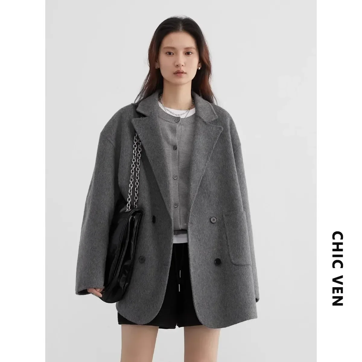 CHIC VEN Women's Woolen Coats Loose Casual Double Breasted - Image 6