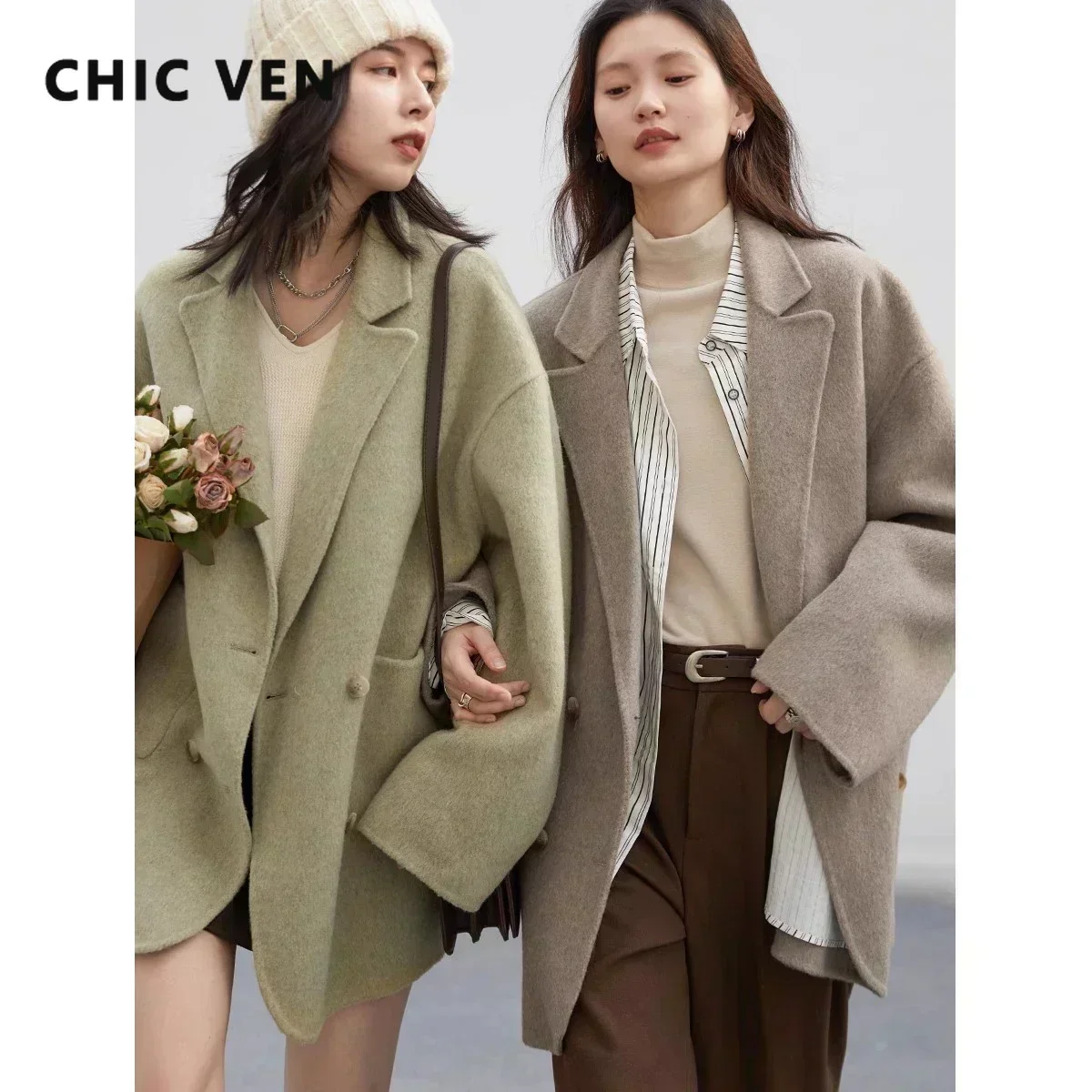 CHIC VEN Women's Woolen Coats Loose Casual Double Breasted