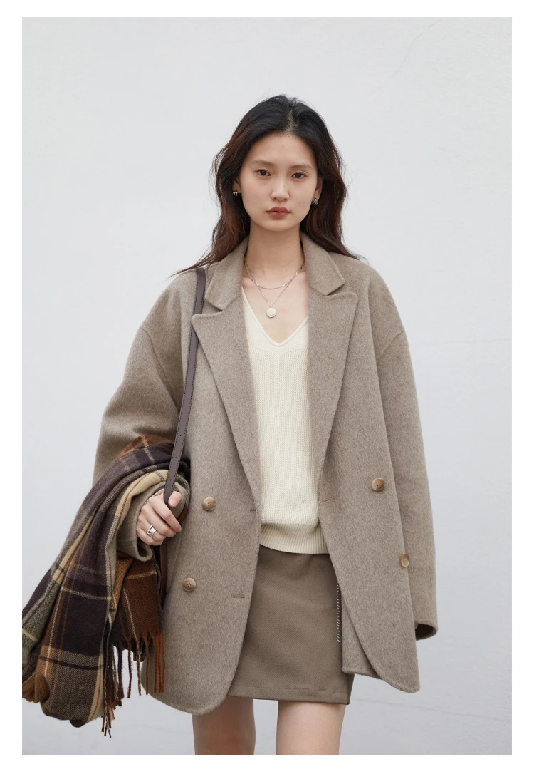 CHIC VEN Women's Woolen Coats Loose Casual Double Breasted Retro Double-sided Jacket Office Lady Outerwear Autumn Winter 2023 CHIC VEN Women's Woolen Coats Loose Casual Double Breasted Retro Double-sided Jacket Office Lady Outerwear Autumn Winter 2023