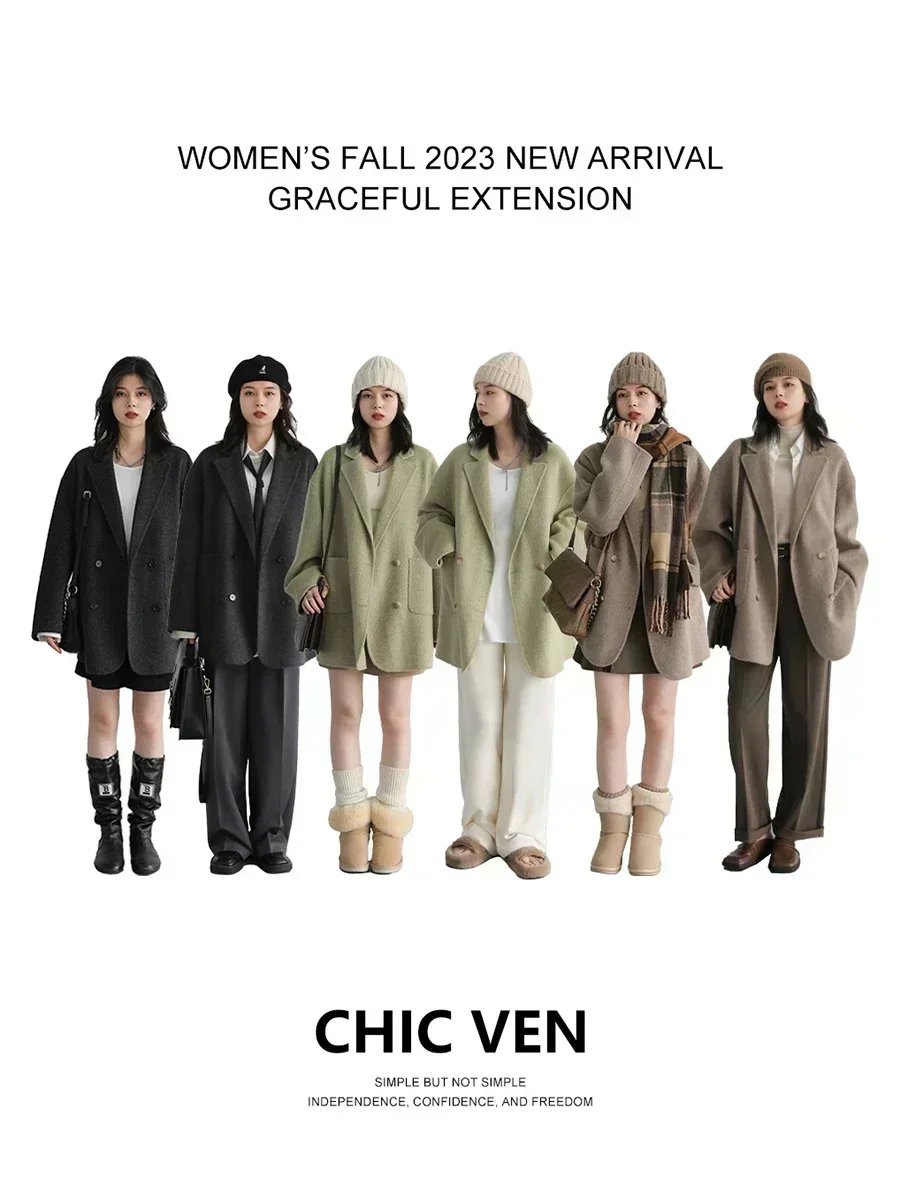 CHIC VEN Women's Woolen Coats Loose Casual Double Breasted - Image 3