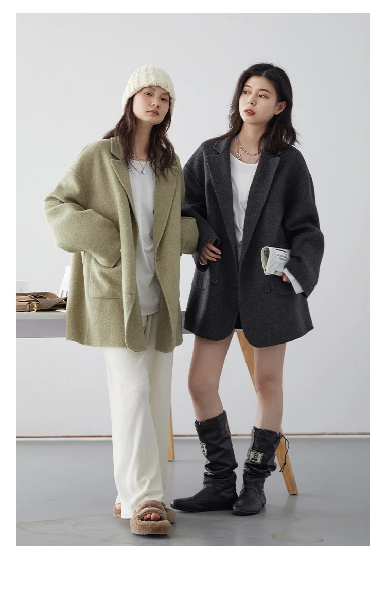 CHIC VEN Women's Woolen Coats Loose Casual Double Breasted Retro Double-sided Jacket Office Lady Outerwear Autumn Winter 2023 CHIC VEN Women's Woolen Coats Loose Casual Double Breasted Retro Double-sided Jacket Office Lady Outerwear Autumn Winter 2023