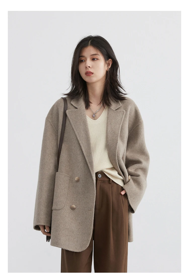 CHIC VEN Women's Woolen Coats Loose Casual Double Breasted Retro Double-sided Jacket Office Lady Outerwear Autumn Winter 2023 CHIC VEN Women's Woolen Coats Loose Casual Double Breasted Retro Double-sided Jacket Office Lady Outerwear Autumn Winter 2023