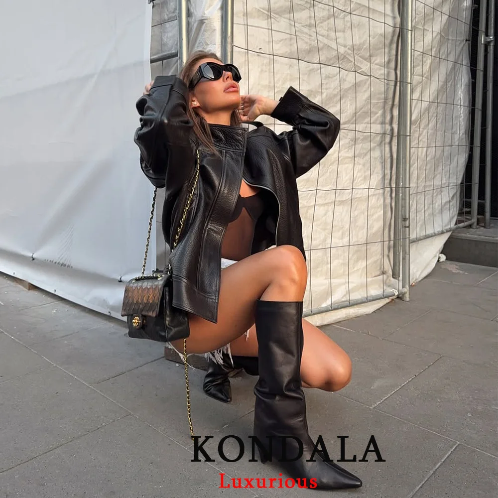 KONDALA Casual Chic Black Leather Jackets Women Long Sleeve Buttons Elastic Oversized Coats Fashion 2025 Fall Streetwear Coats