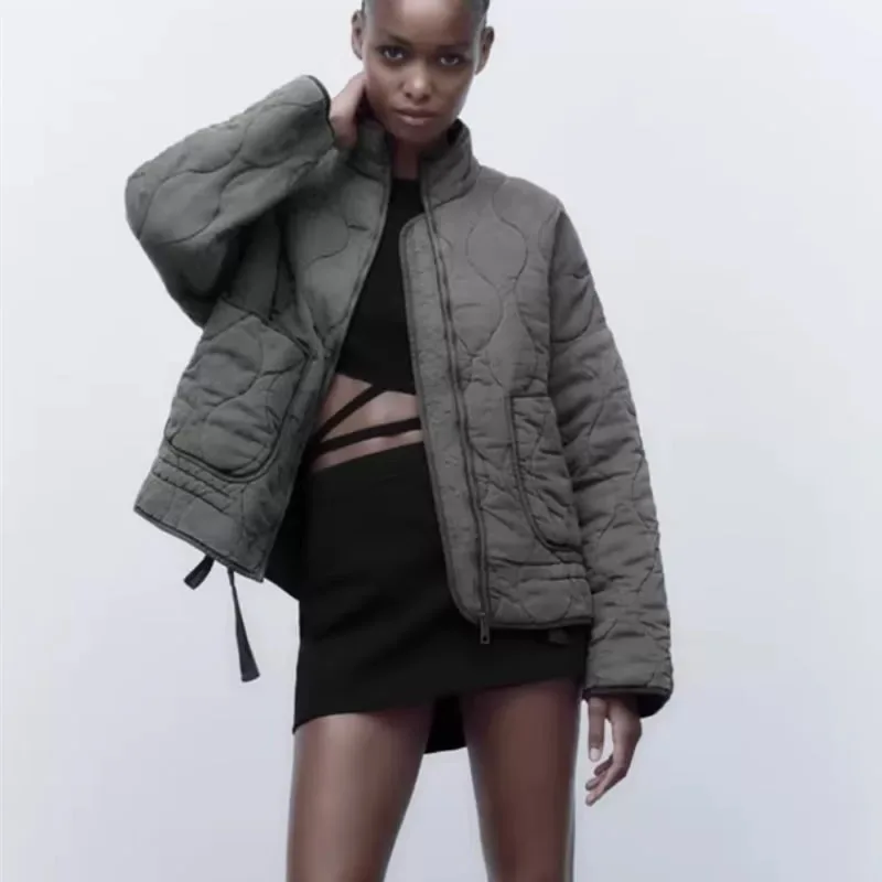 ZW Women's Cotton Jacket  2025 New Arrival Vintage Lenzing Rayon High Collar Large Pocket Decorative Quilted Coat for Women