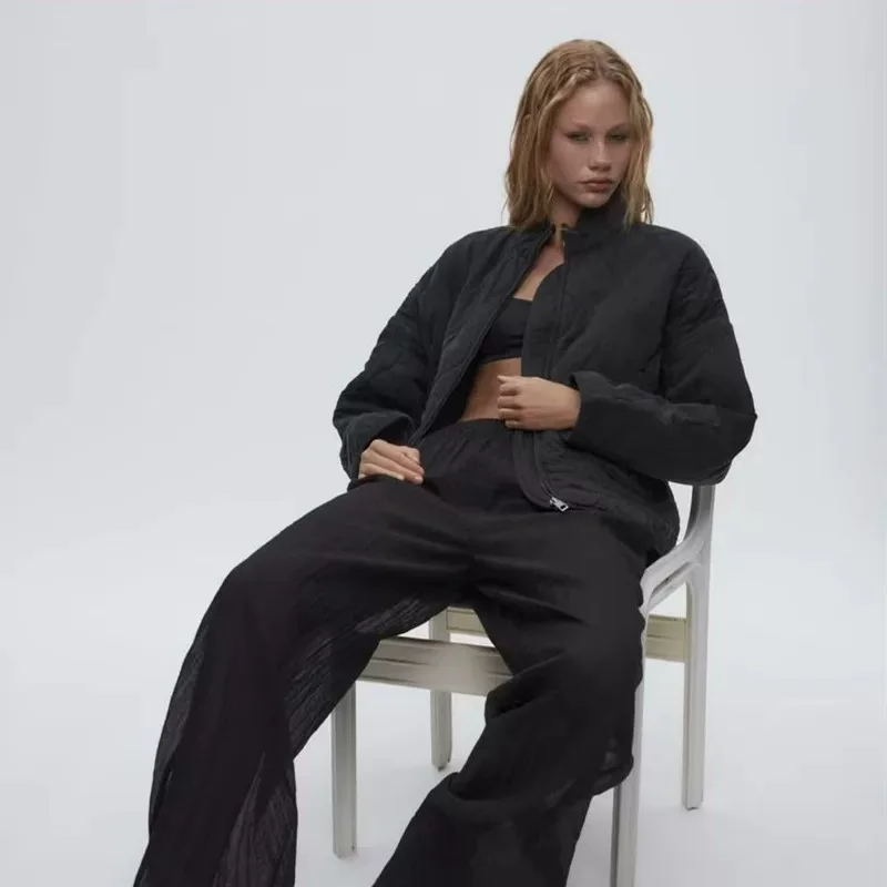 ZW Women's Cotton Jacket  2025 New Arrival Vintage Lenzing Rayon High Collar Large Pocket Decorative Quilted Coat for Women