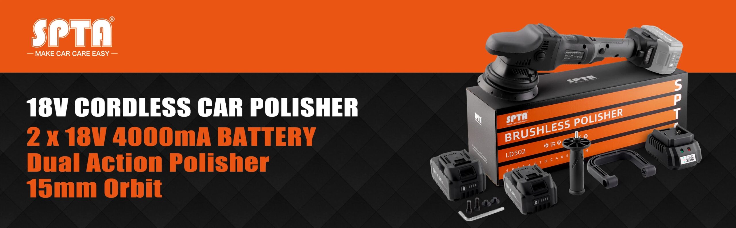 SPTA 18V 5Inch Cordless Car Polisher Dual Action 15mm Orbit  Variable Speed Polishing Machine With 4000mAh Battery