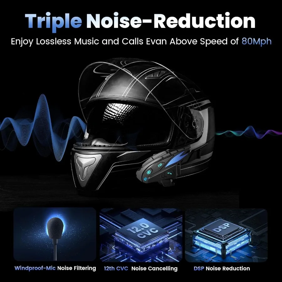Bluetooth Headset Motorcycle Helmet Bluetooth with Upgrade HiFi Speakers Triple NoiseReduction IP65 Waterproof