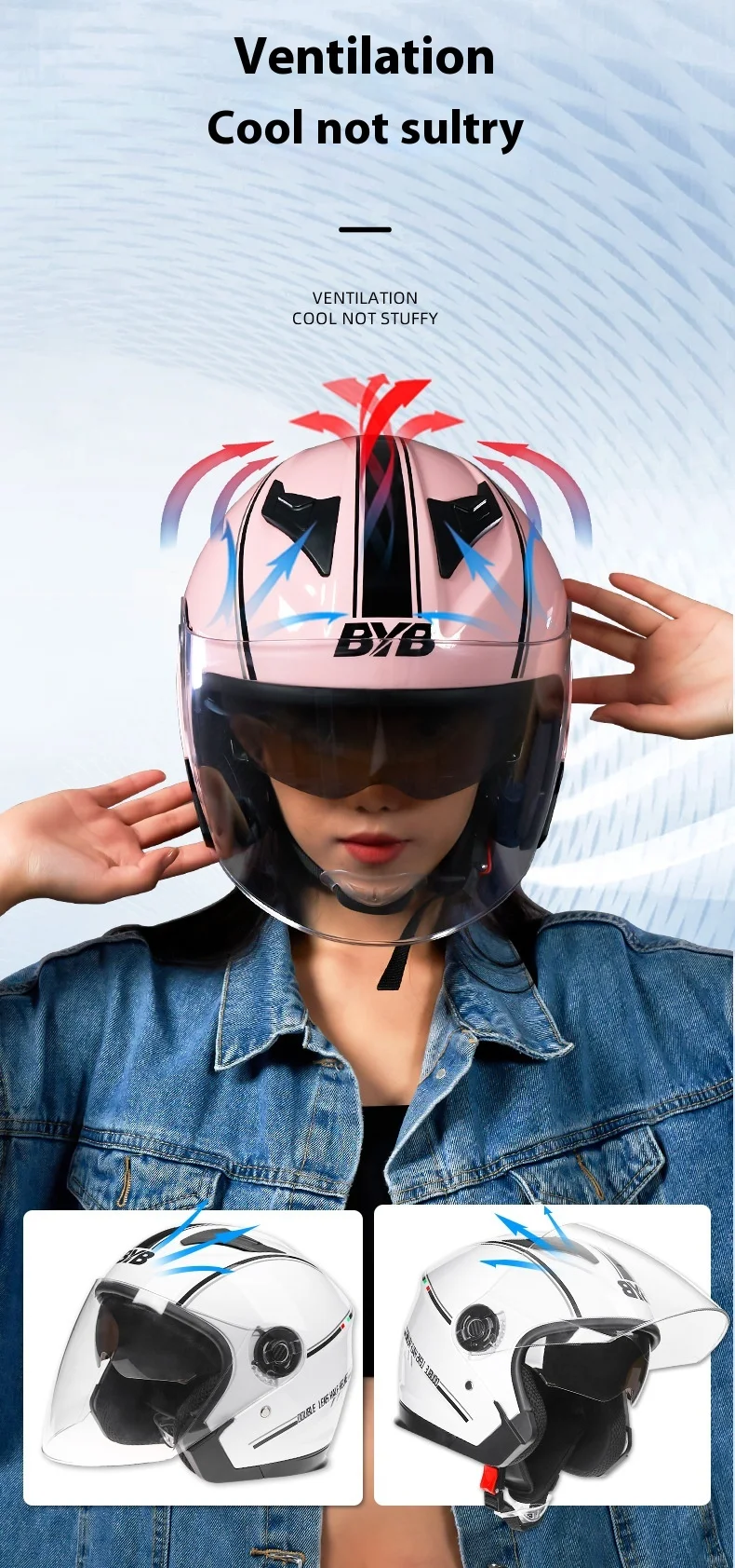 Motorcycle Open Face Helmet For Men And Women Dual Lens Sun Visor Face Shield Top Lightweight Scooter Bike Retro 3/4 Helmet